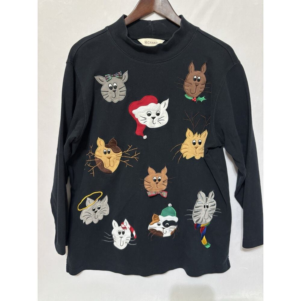 Vintage Bechamel Cat Christmas Holiday Pullover Shirt Sweater Granny Kitschy